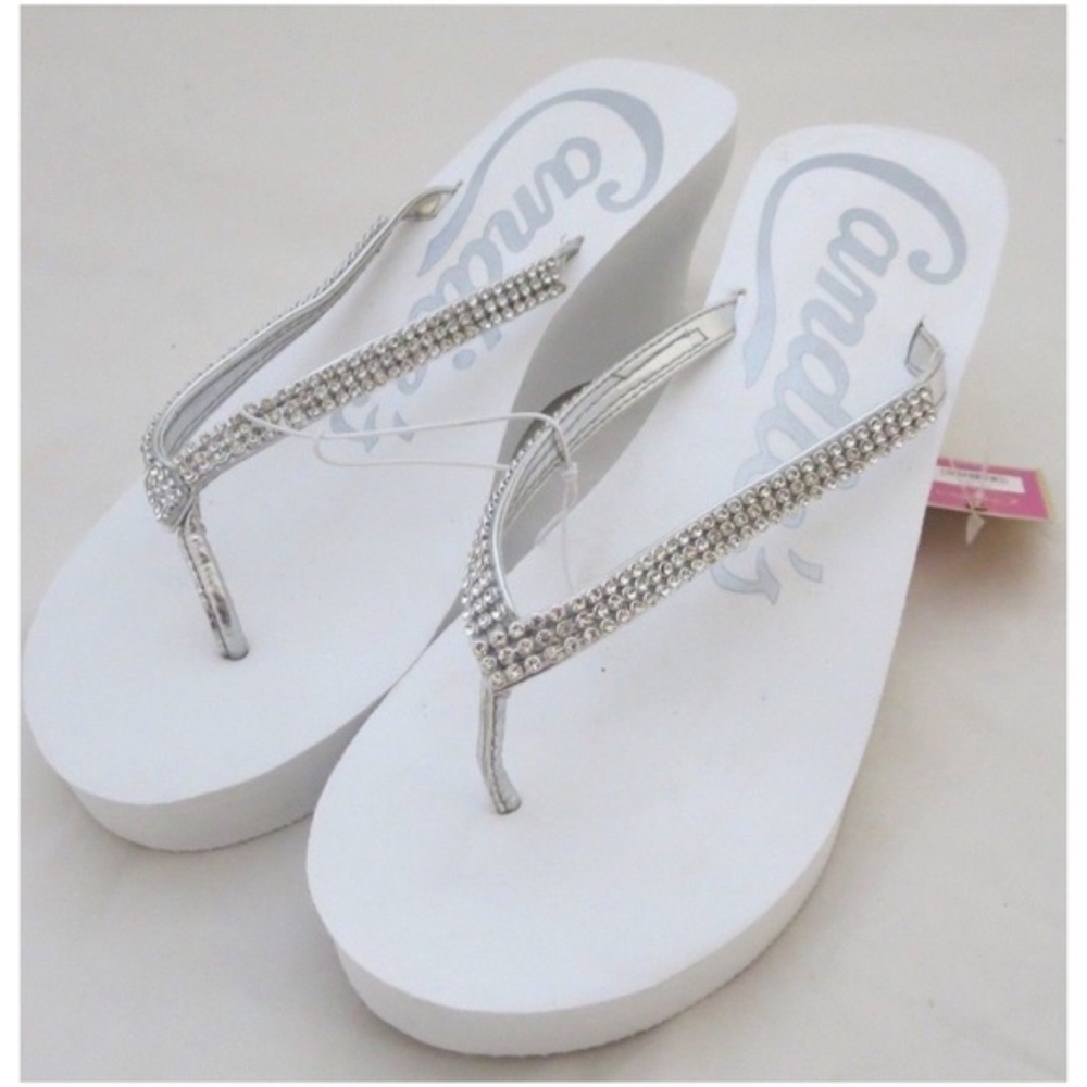 CANDIE’S White Rhinestone Thong Wedge Sandals XL - Picture 2 of 5